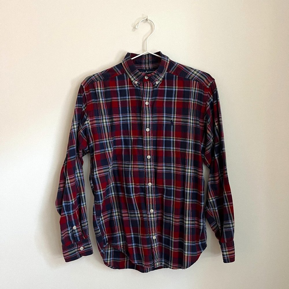 Ralph Lauren Boy's Large Burgundy and Navy Plaid Button Down